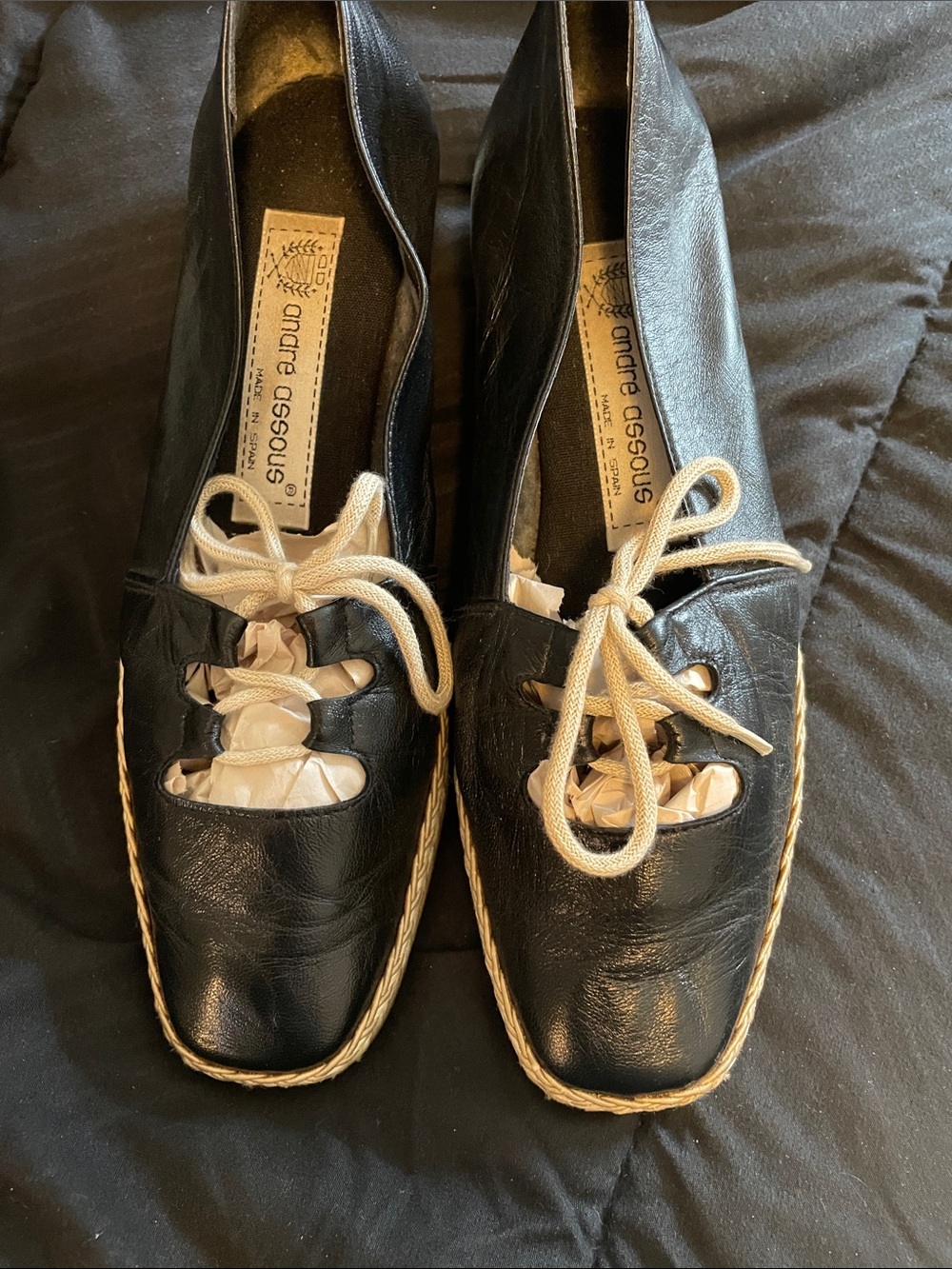 Andre Assous Black Leather Lace-Up Flats with Cream Laces
